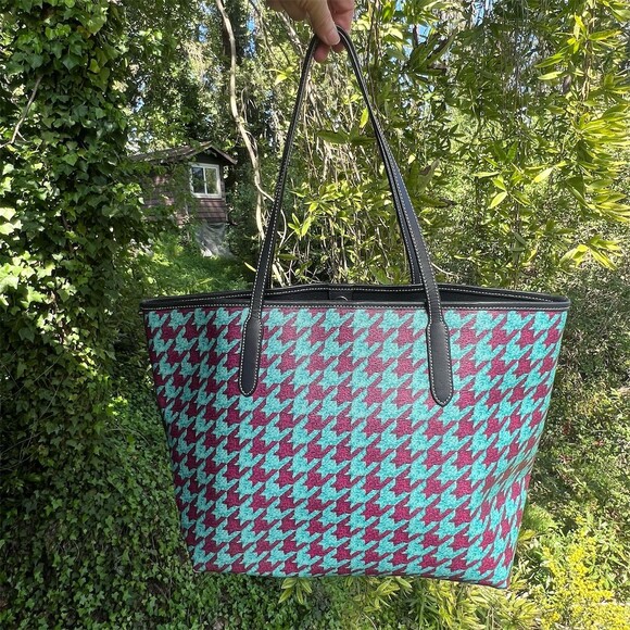 COACH City Tote Teal/Burgundy Houndstooth w Silver Hardware Shoulder Bag - Picture 2 of 8